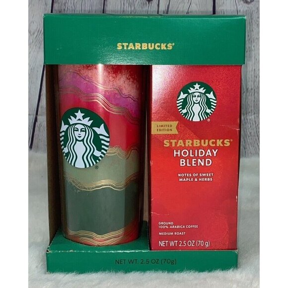 NEW STARBUCKS Merry and Bright Travel Mug Gift Set W/Holdiay Blend 2.5 Oz Coffee - Picture 1 of 4